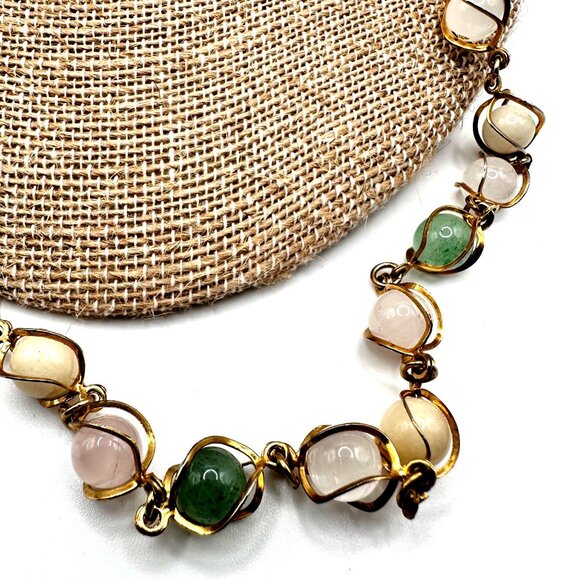Vintage Long Quartz Necklace Caged Gemstone Semi-Precious Pastel Pink Green - Picture 4 of 7
